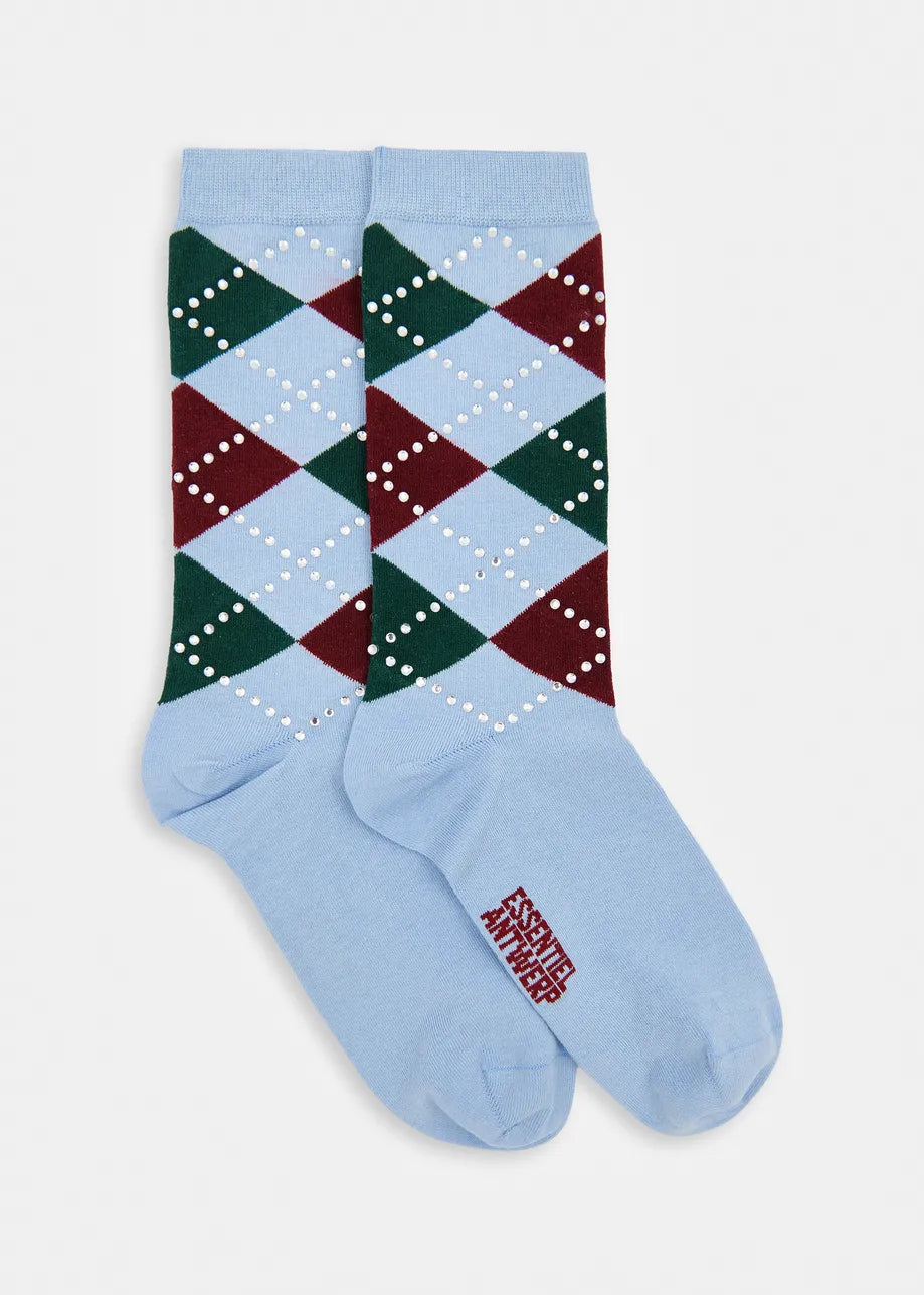 A pair of light blue crew socks with an argyle pattern in dark green, burgundy, and white, featuring the brand name 'FOREVER ANSWERS' printed in burgundy on the sole of one sock, shown against a light gray background.