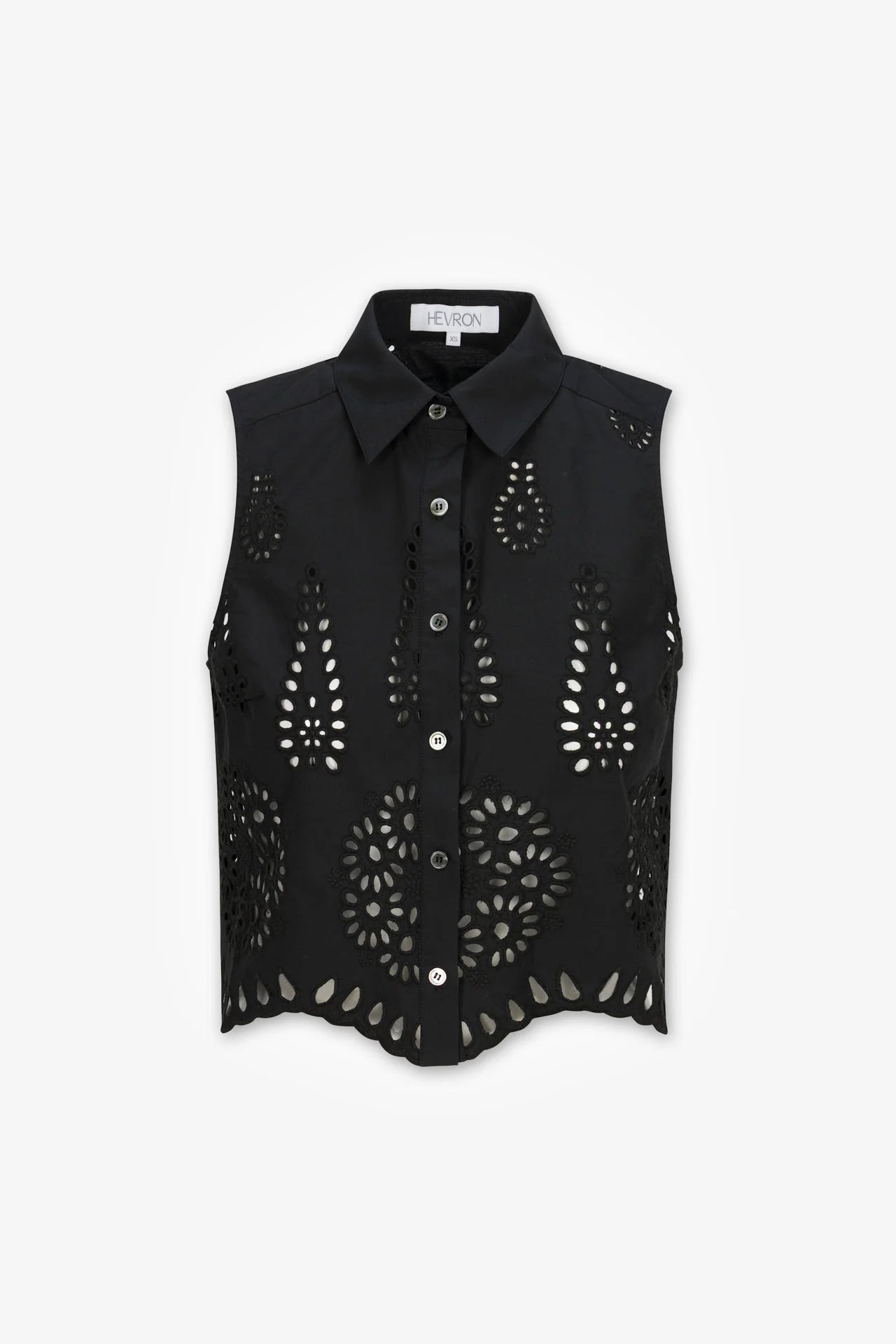 Black sleeveless shirt with cut-out designs on a white background
