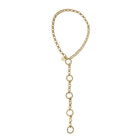 A gold chain accessory with a short chain section, a small round charm, and a longer drape featuring five linked open circular rings, shown on a plain white background.