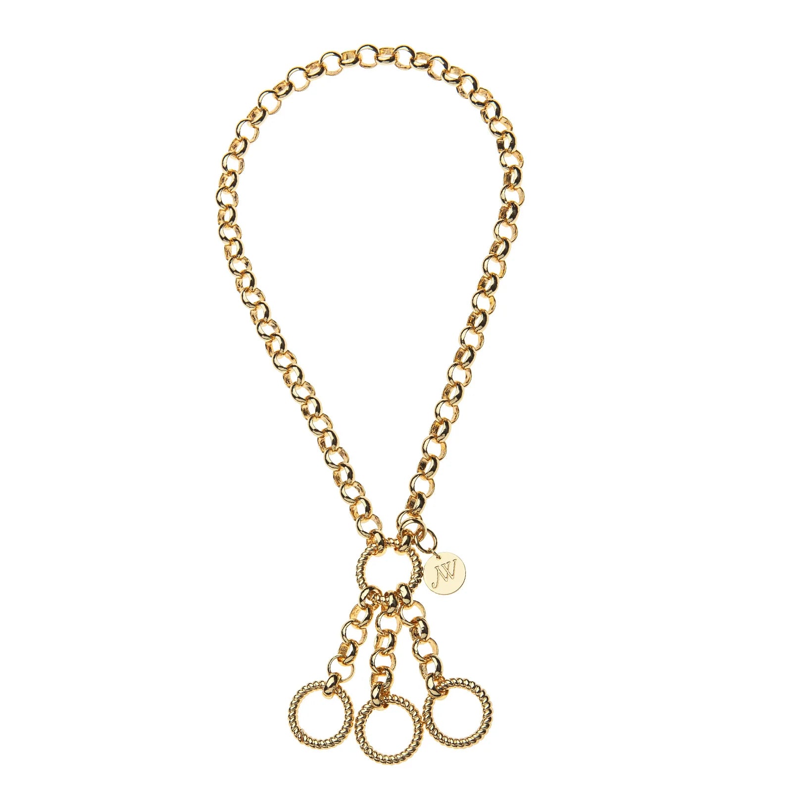 A gold-tone chain necklace with a central ring, a small round charm engraved with an 'N', and three dangling textured circular rings at the bottom, shown on a plain white background.