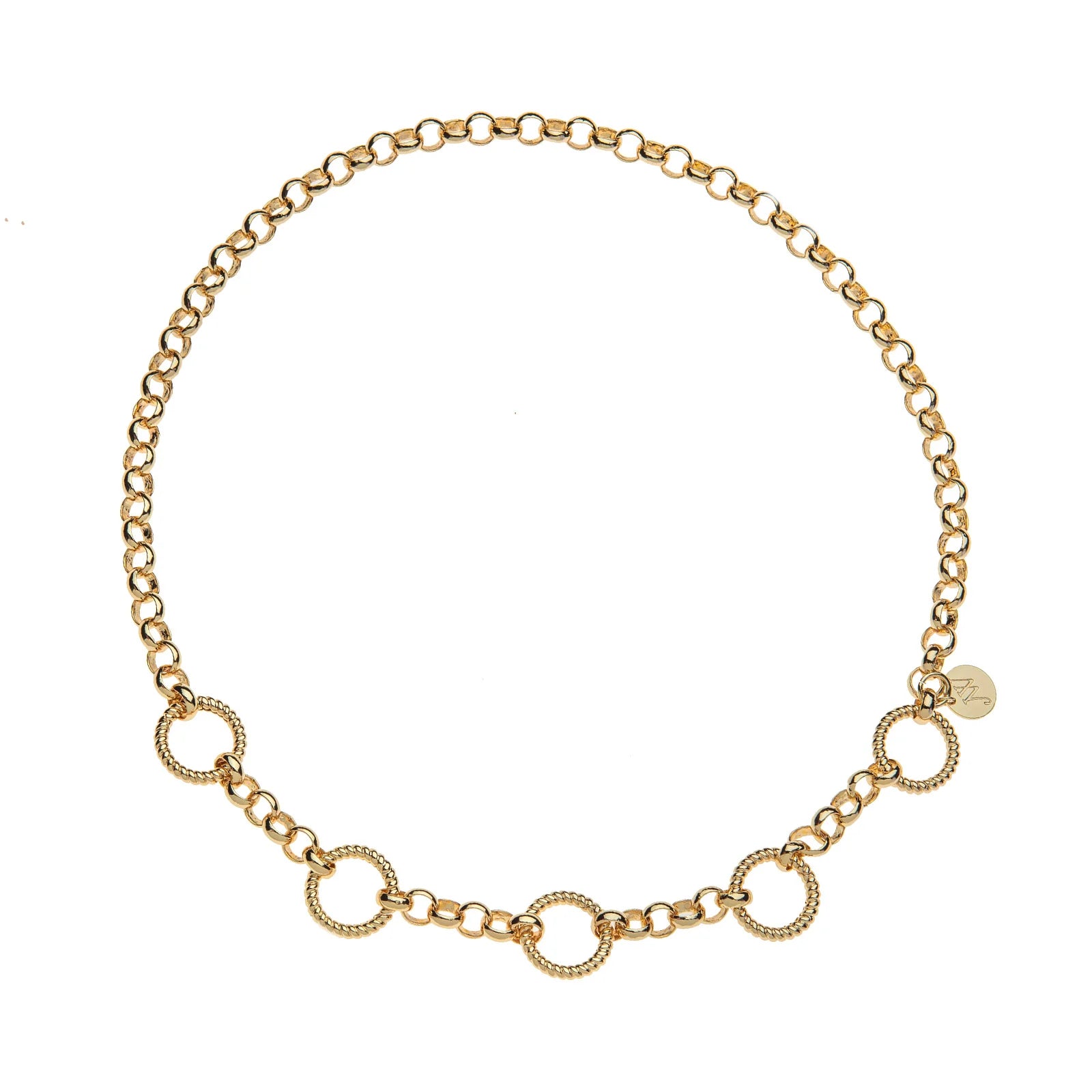 A gold chain necklace featuring alternating textured circular links and smaller oval links, displayed on a clean white background.