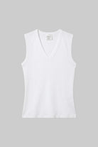 A white sleeveless V-neck tank top with a fitted silhouette, shown flat against a solid gray background.