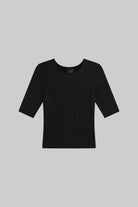 A black short-sleeve knit top with a wide crew neckline, displayed flat against a solid gray background.