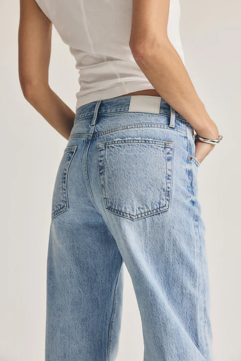 Light blue jeans worn by a person on a plain background