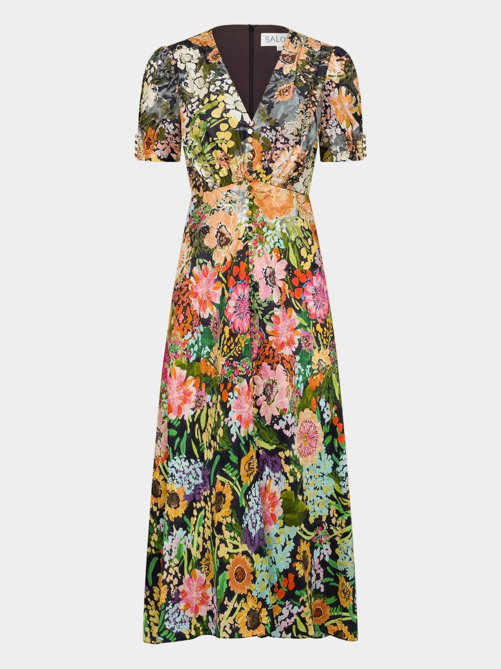 A short-sleeve V-neck maxi dress with a dense, colorful floral print on a light gray background.