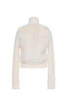 An off-white cropped knit sweater with a textured faux-fur or mohair-like back panel and ribbed turtleneck, cuffs, and hem, shown from the back on a white mannequin against a white background.