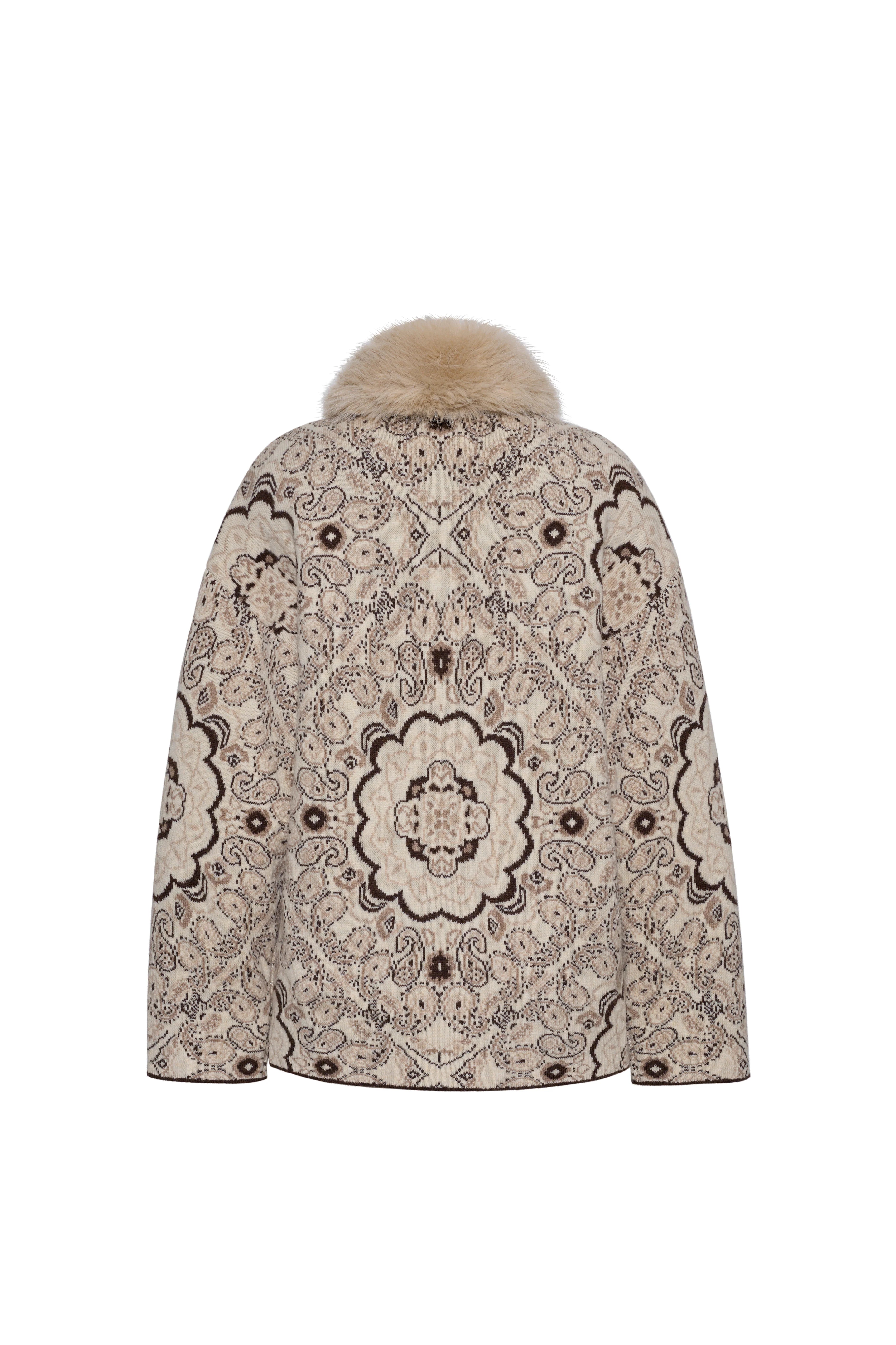 A beige and brown patterned coat with a light brown fur collar, shown from the back against a plain white background.