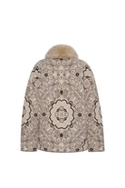 A beige and brown patterned coat with a light brown fur collar, shown from the back against a plain white background.