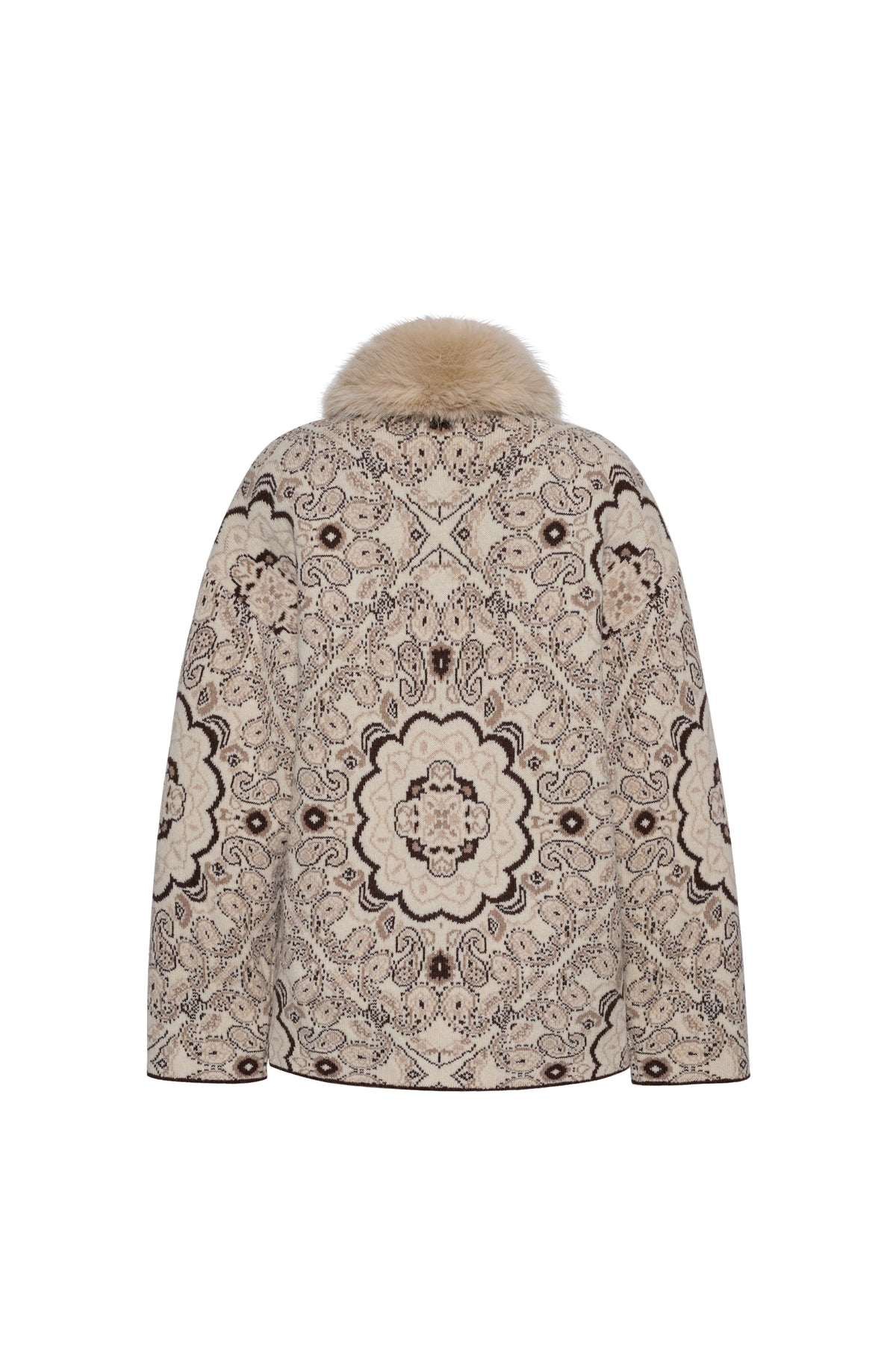 A beige and brown patterned coat with a light brown fur collar, shown from the back against a plain white background.