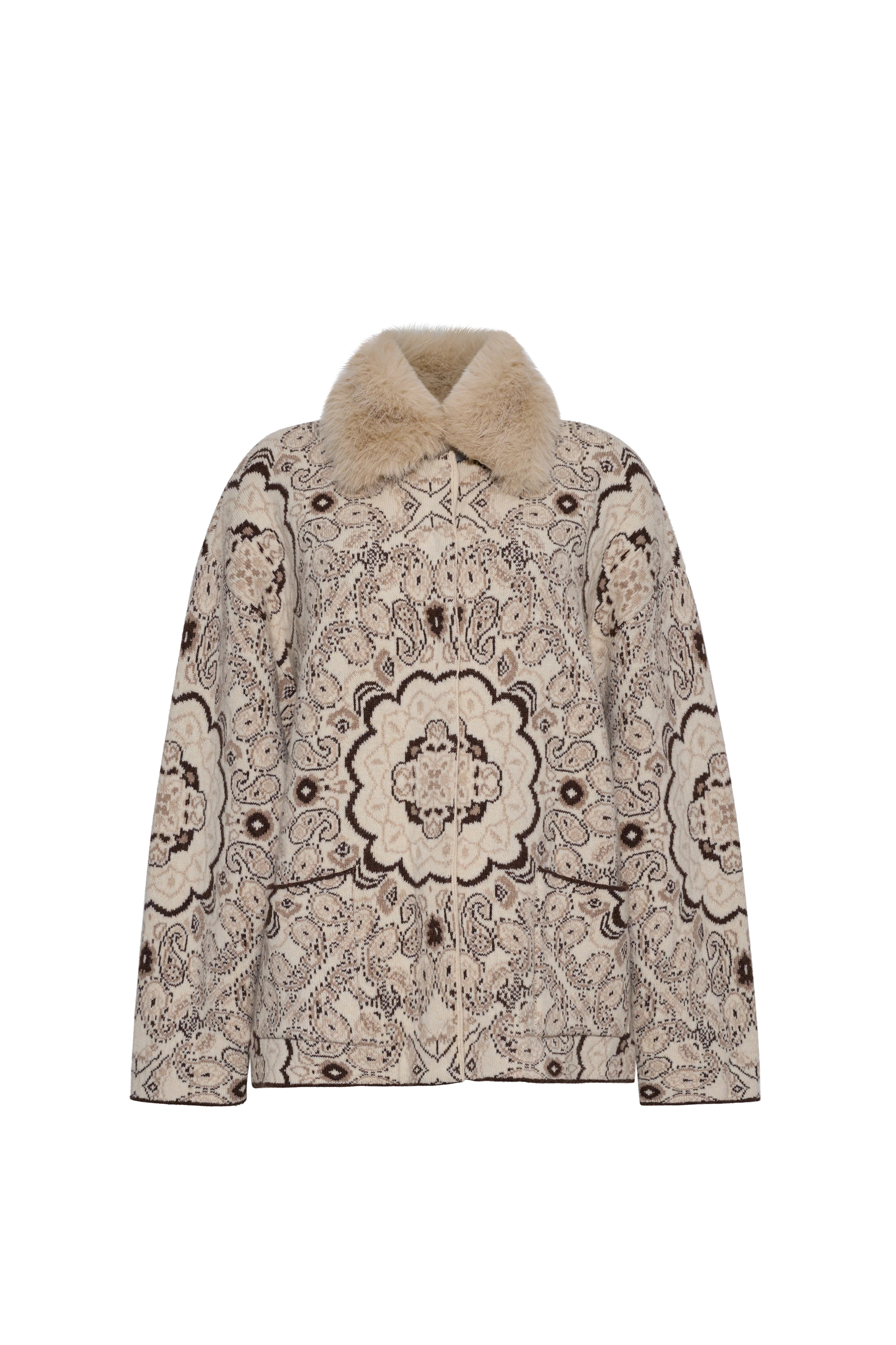 A beige and brown patterned jacket with a soft beige faux-fur collar, displayed on a solid white background.