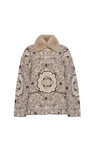 A beige and brown patterned jacket with a soft beige faux-fur collar, displayed on a solid white background.