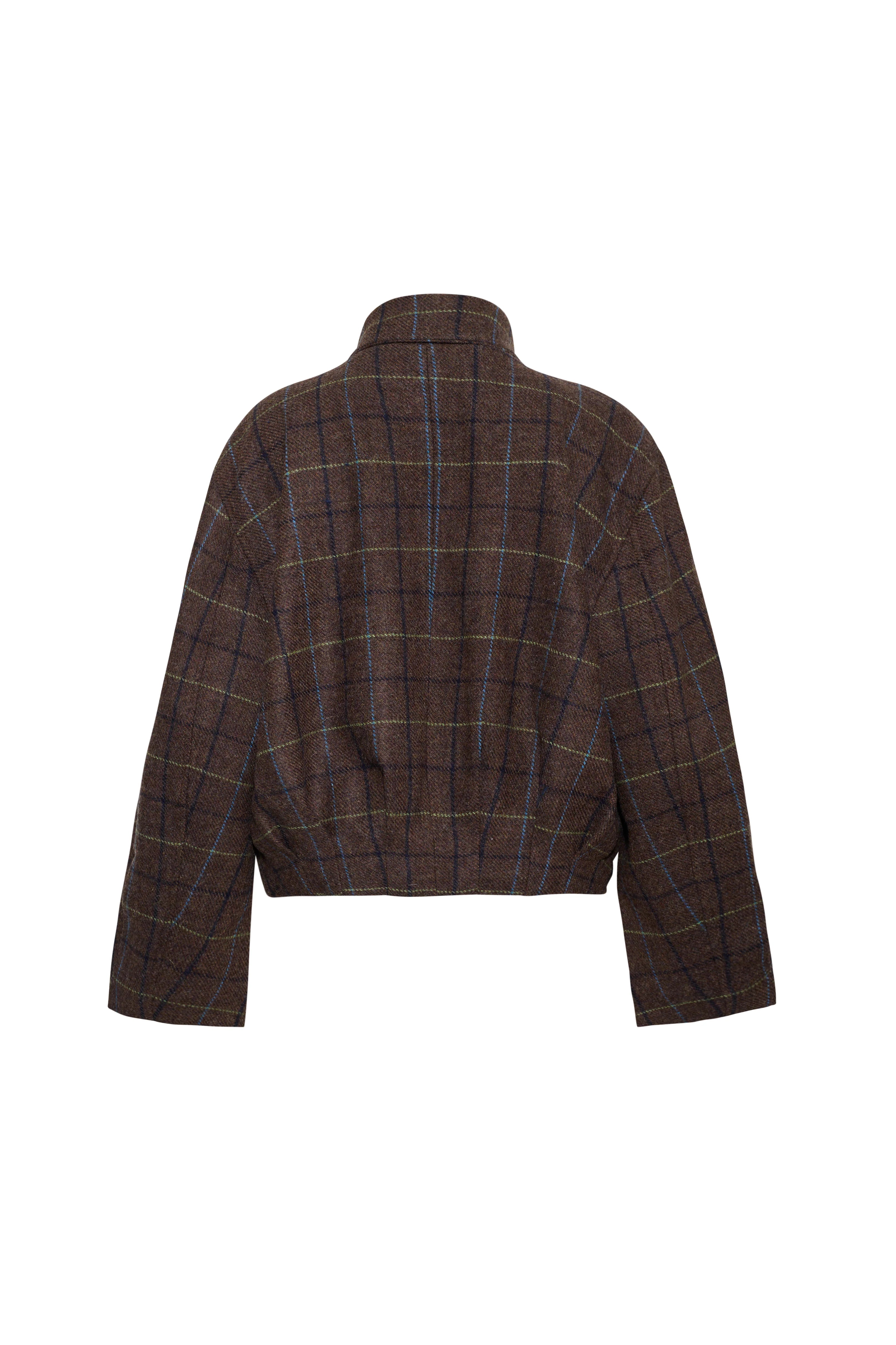 A cropped brown plaid jacket with a high collar, shown from the back on a solid white background.