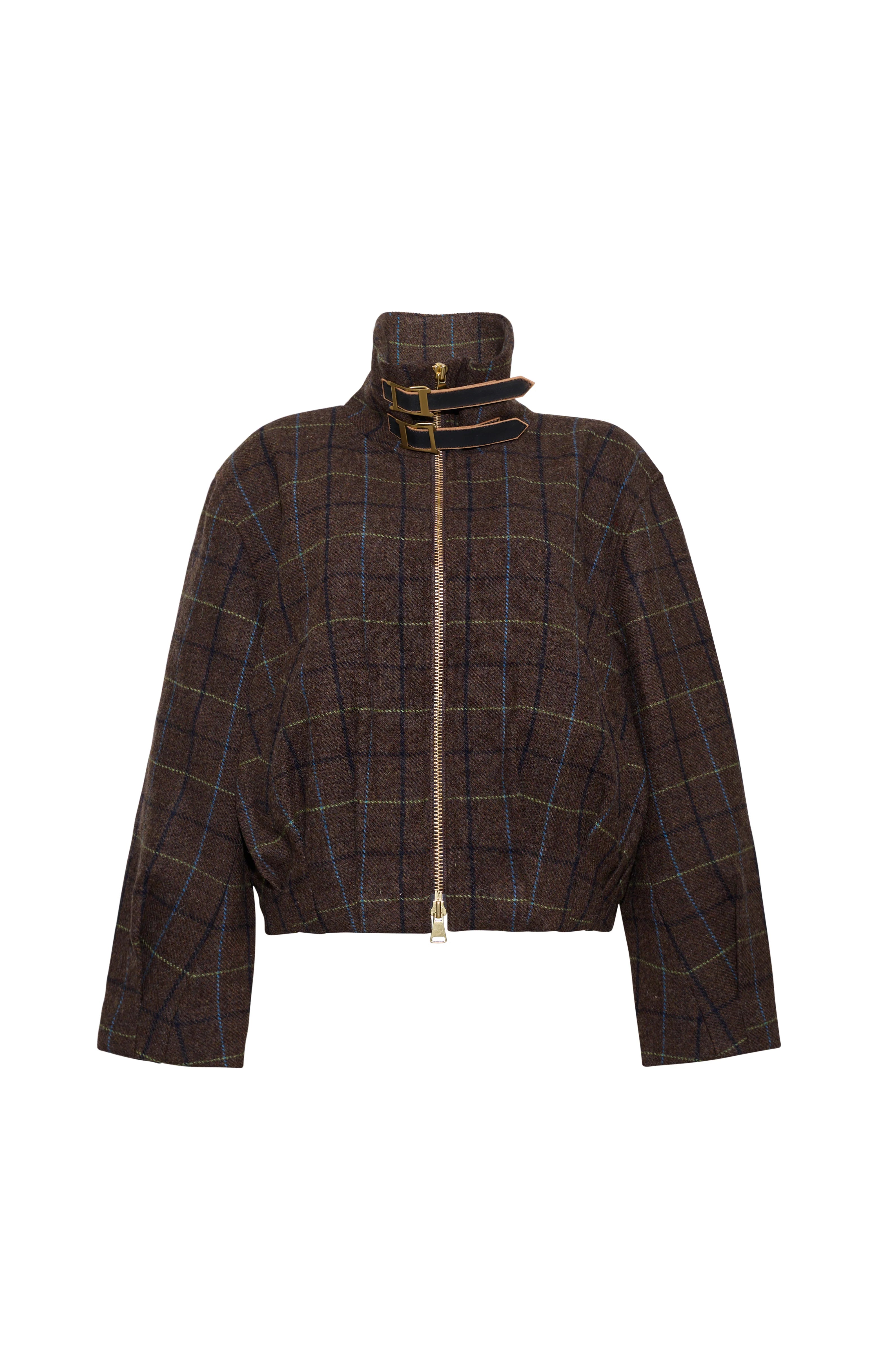A cropped brown plaid jacket with a high collar, double strap detail at the neck, and a front zipper, shown on a plain white background.