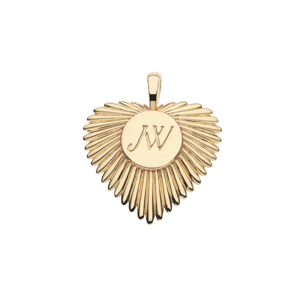 Gold pendant with 'JW' initials on a white background