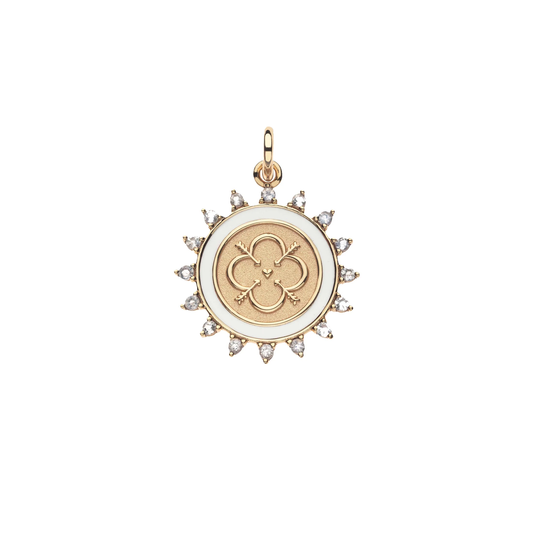 Gold pendant with a central emblem and diamond accents on a white background