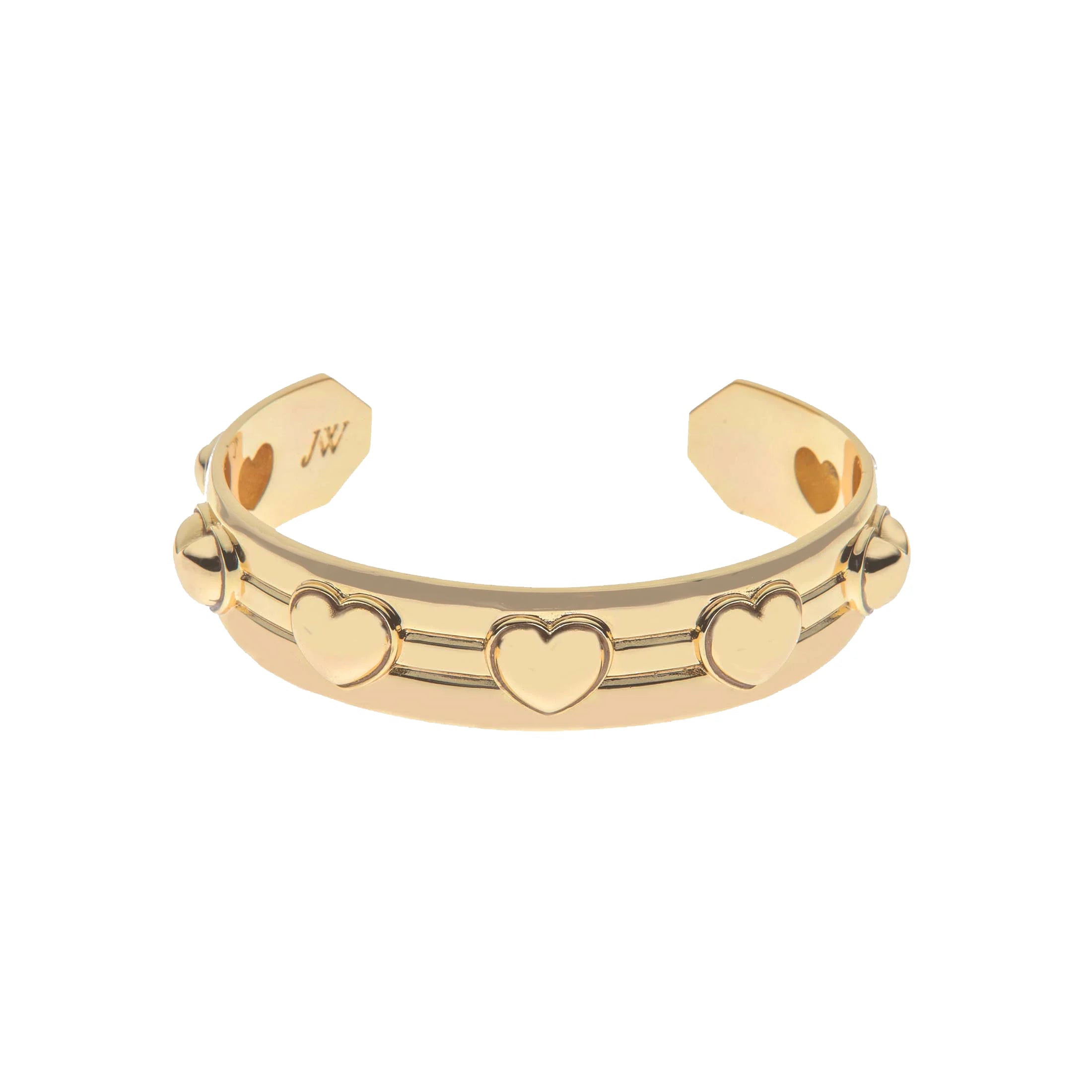 A gold cuff bracelet featuring a row of heart motifs and small raised heart accents, shown on a plain white background.