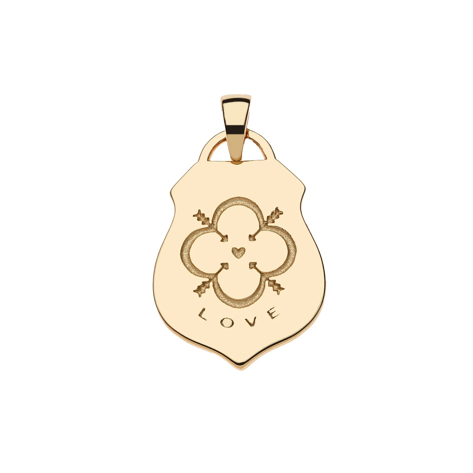 Gold pendant with a heart design and 'LOVE' engraving on a white background