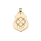 Gold pendant with a heart design and 'LOVE' engraving on a white background