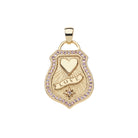 Gold pendant with heart design and 'LOVE' engraving on a white background
