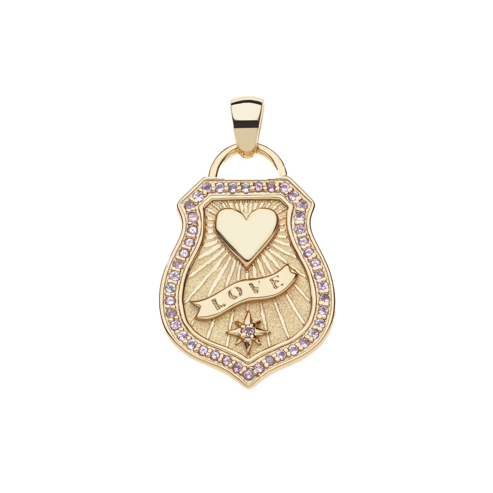Gold pendant with heart design and 'LOVE' engraving on a white background