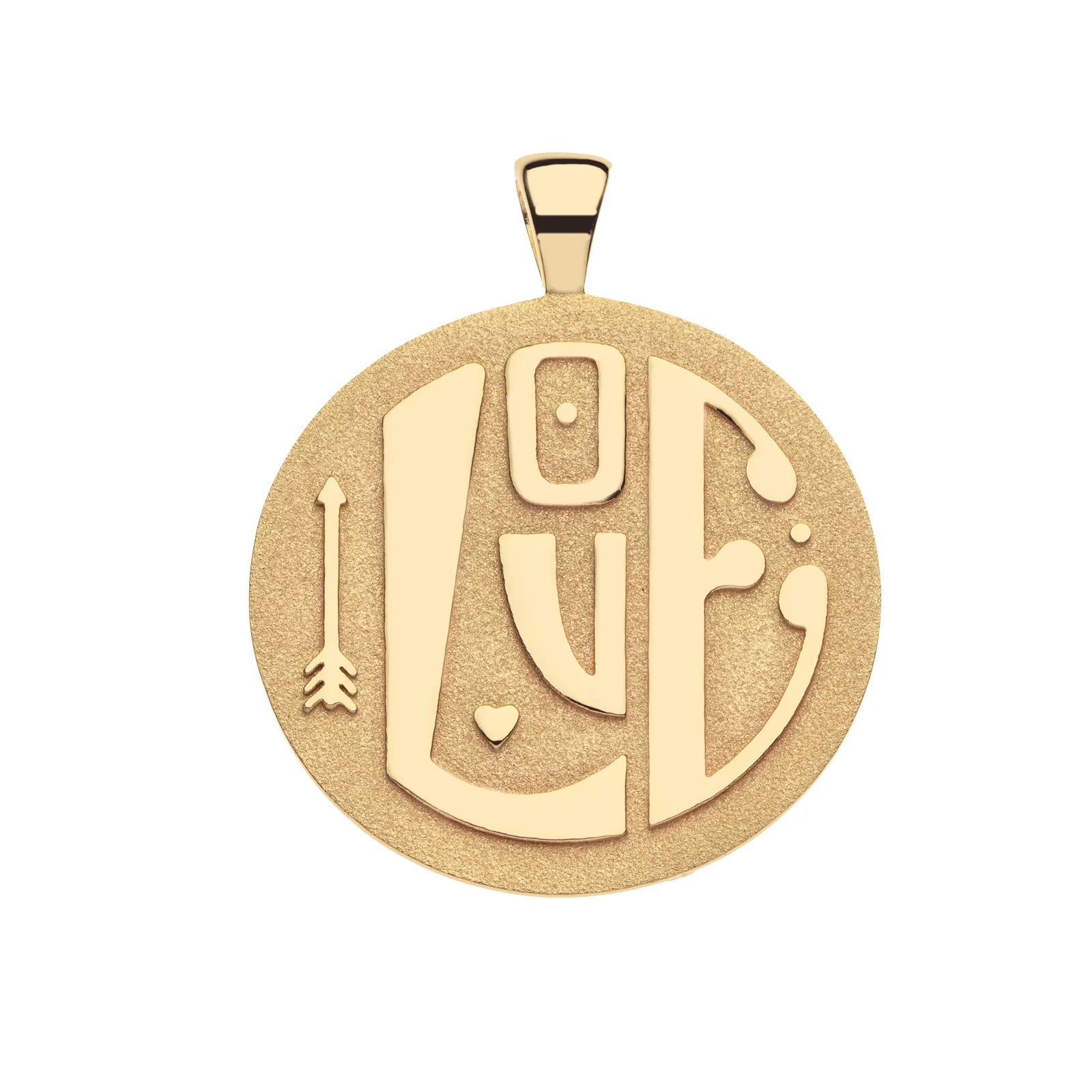 Gold pendant with Arabic calligraphy on a white background