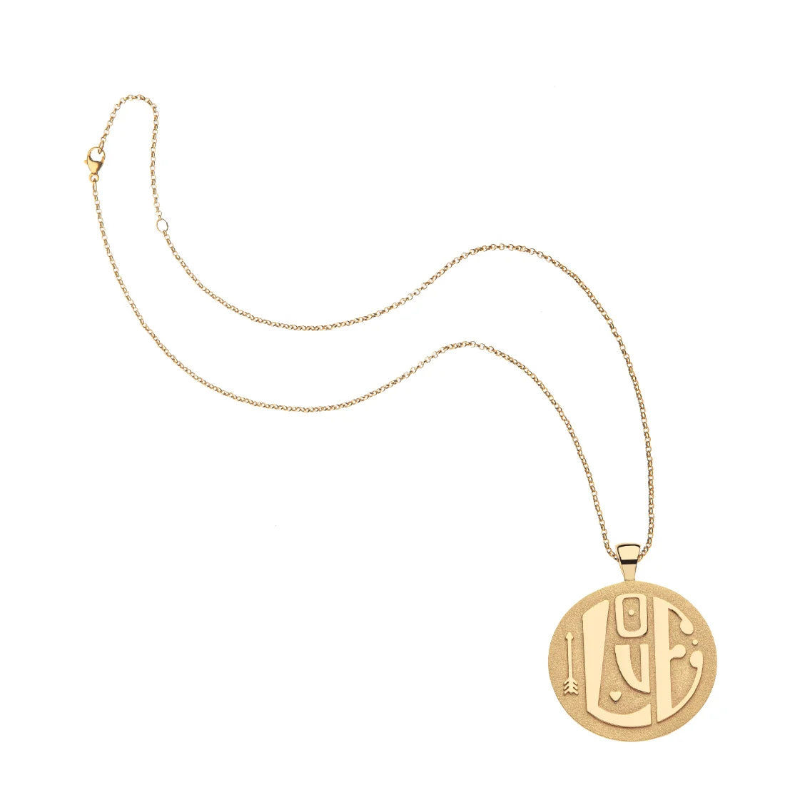 Gold necklace with a round pendant on a white background