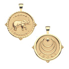 Two gold pendants with elephant and moon designs on a white background