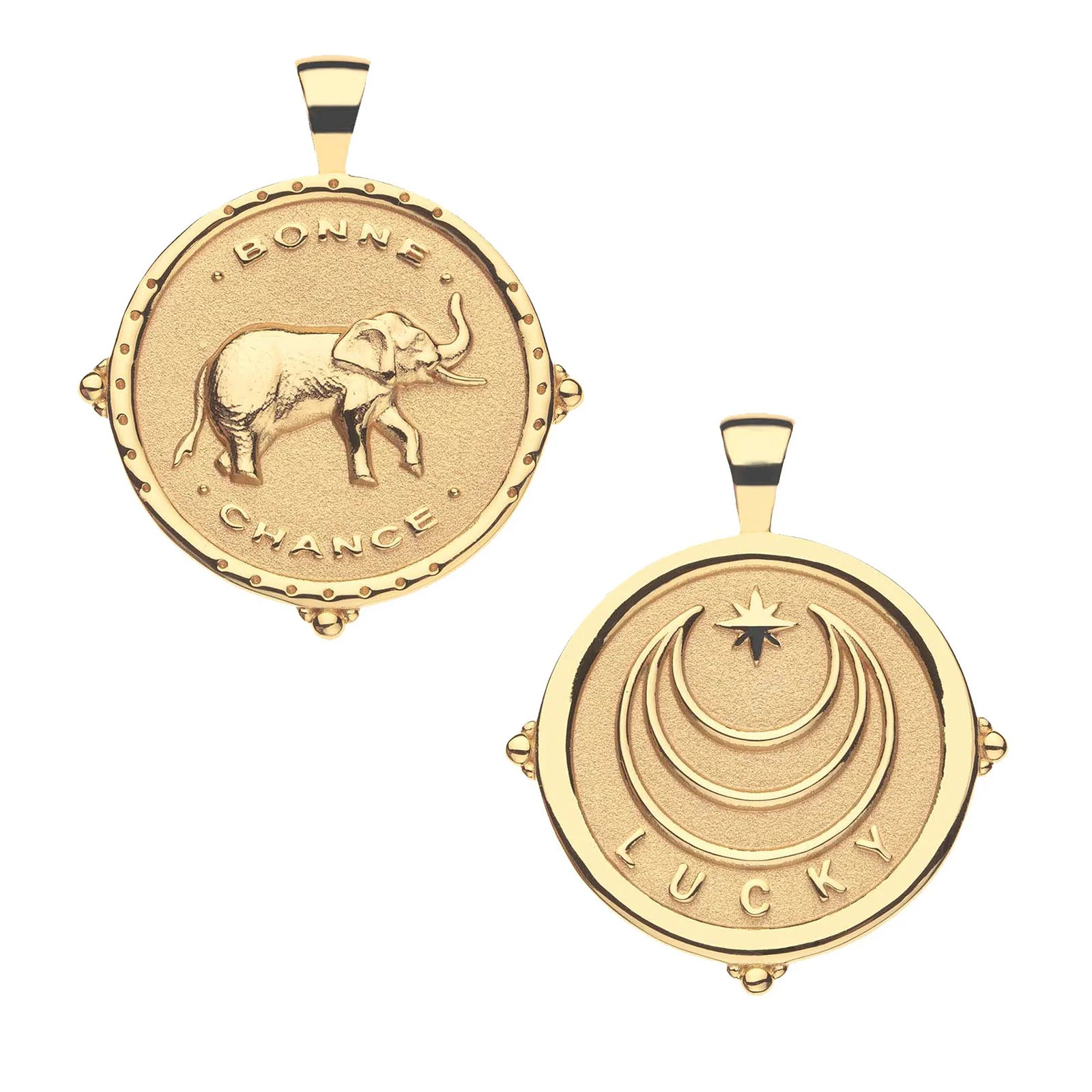 Two gold pendants with elephant and moon designs on a white background