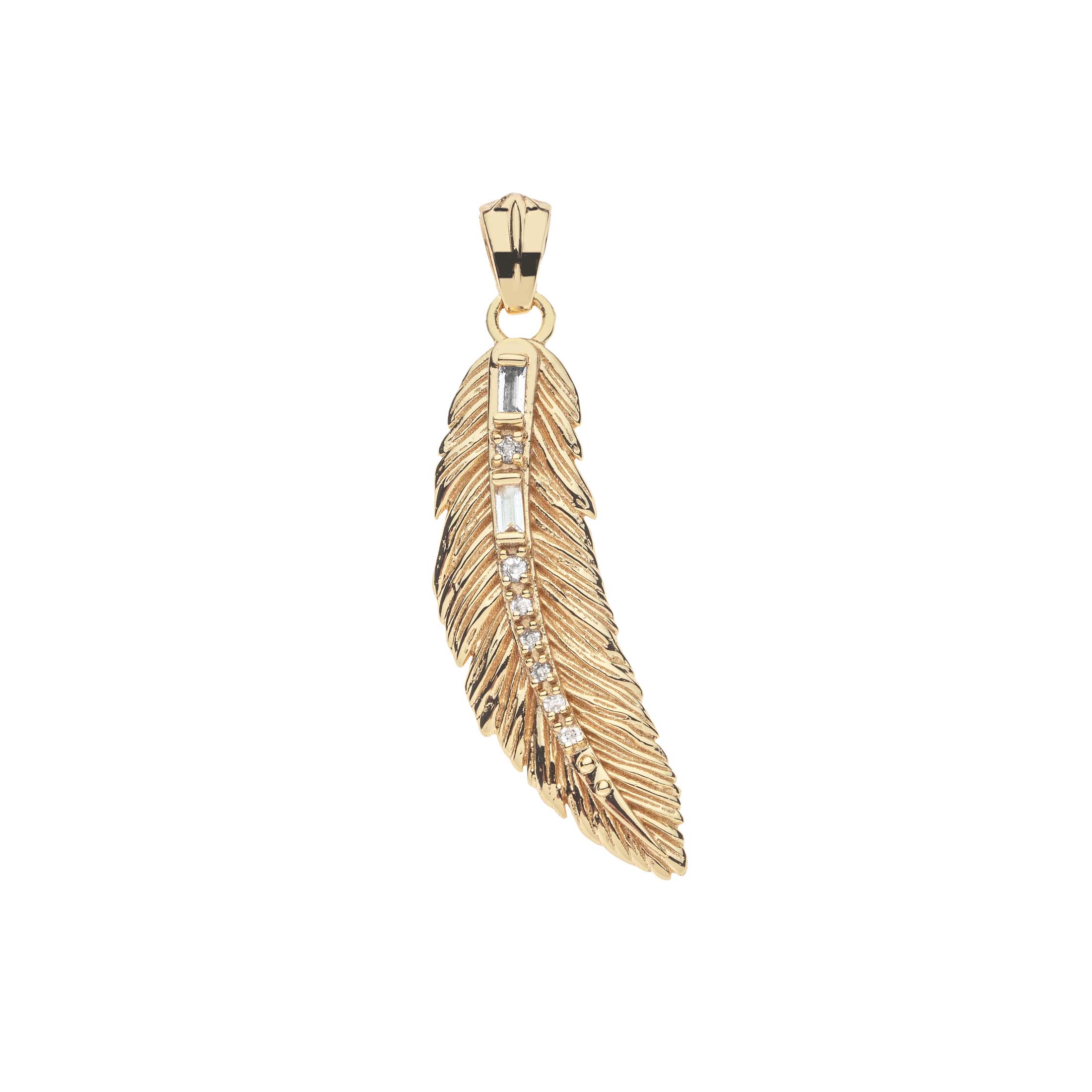 A gold feather pendant charm with a textured baroque-style feather design and a vertical line of clear baguette crystals down the center, shown on a plain white background.
