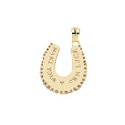 Gold horseshoe-shaped pendant with engraved text on a white background