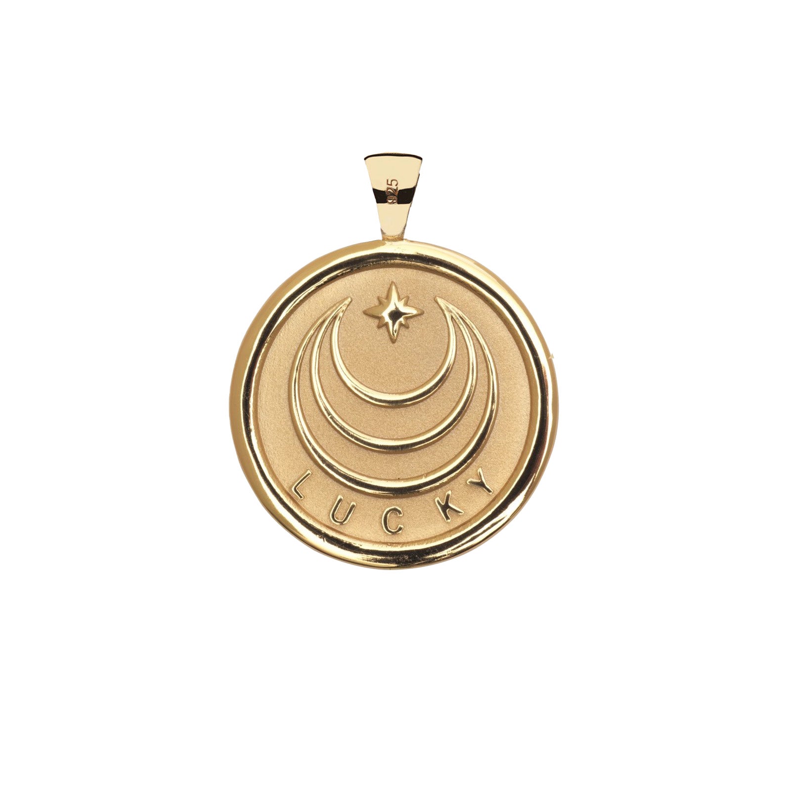Gold pendant with 'LUCKY' engraving on a white background