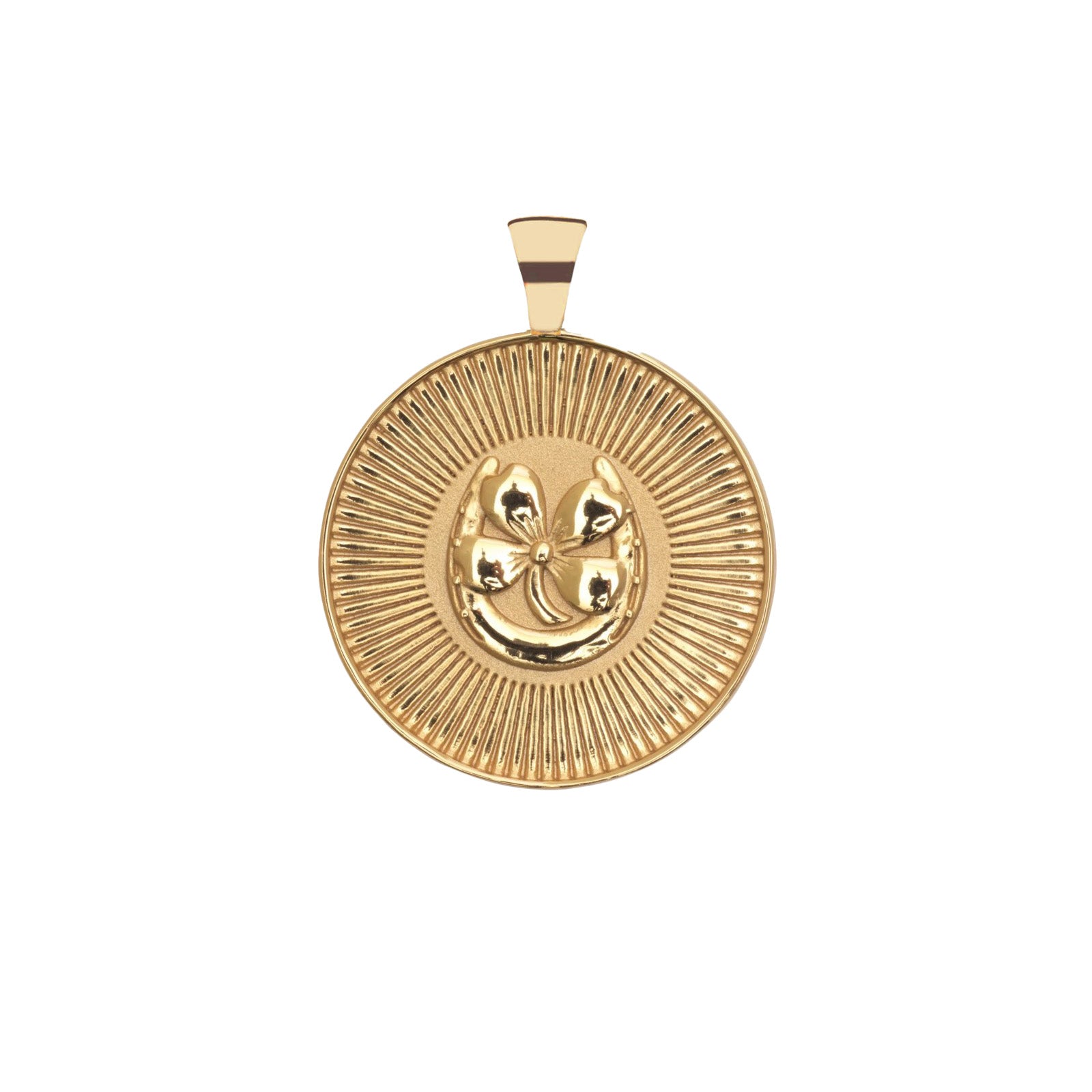 Gold pendant with intricate design on a white background