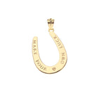 Gold horseshoe-shaped pendant with engraved text on a white background