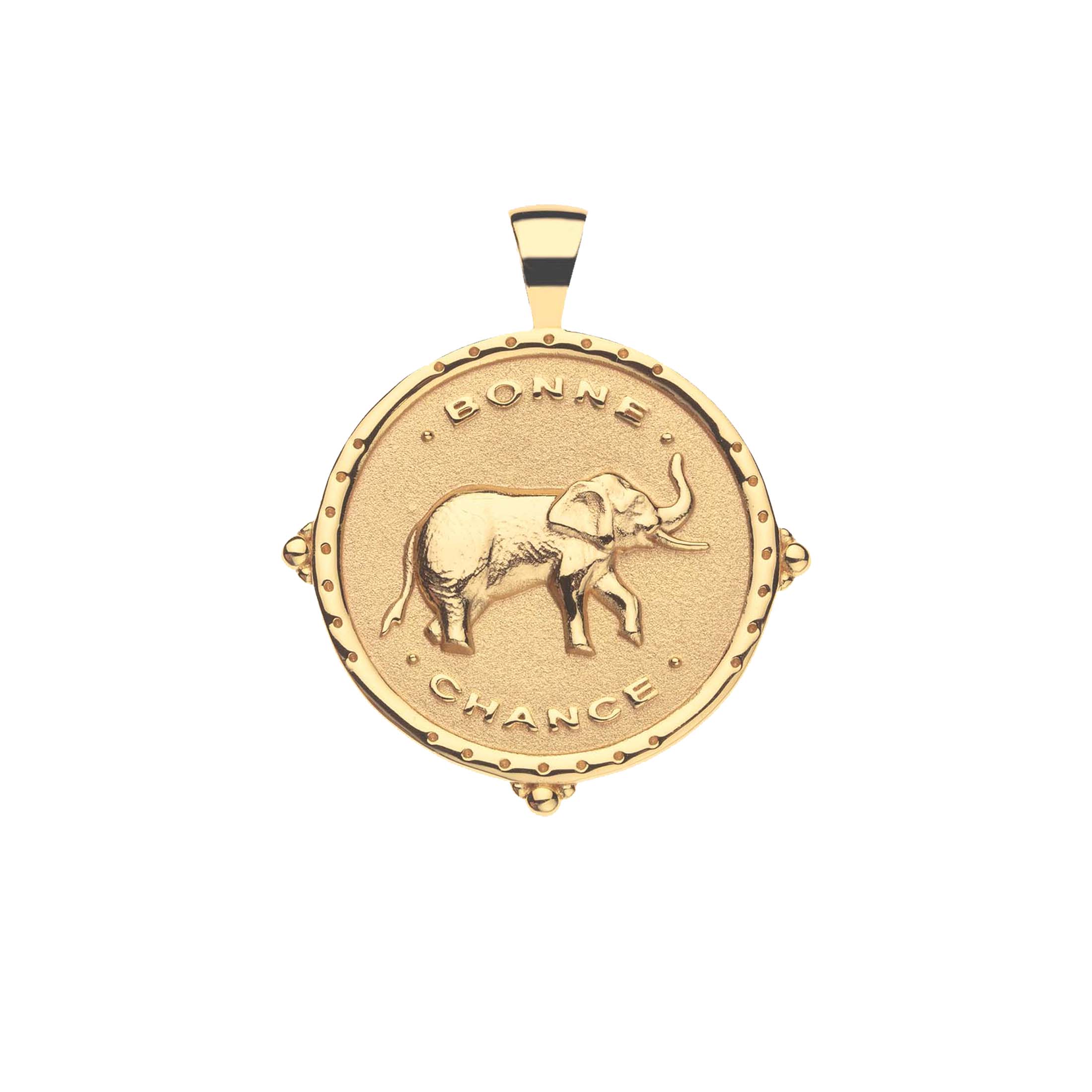 A gold-toned coin pendant featuring an embossed elephant and the French phrases 'BONNE CHANCE' on a plain white background.