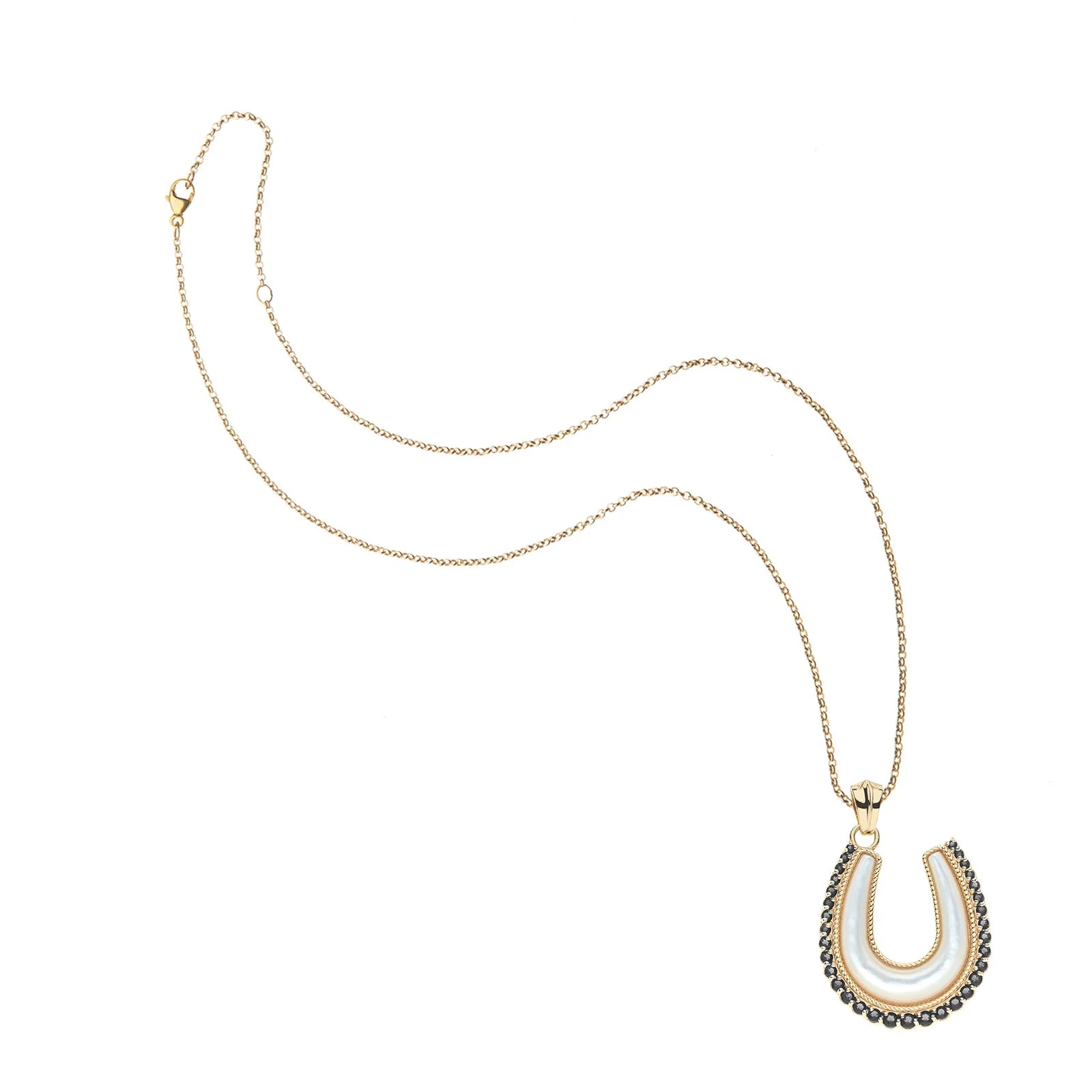 Gold necklace with a horseshoe pendant on a white background