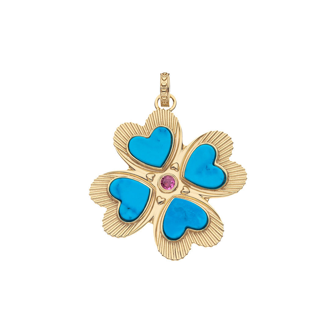 Gold pendant with blue heart-shaped stones and a pink gem on a white background