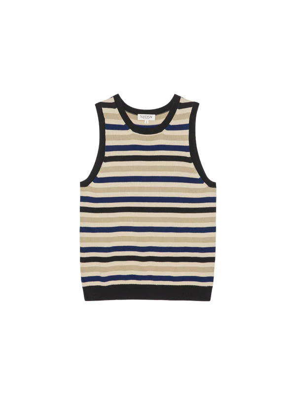 Striped tank top with black, beige, and blue stripes on a white background