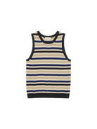 Striped tank top with black, beige, and blue stripes on a white background