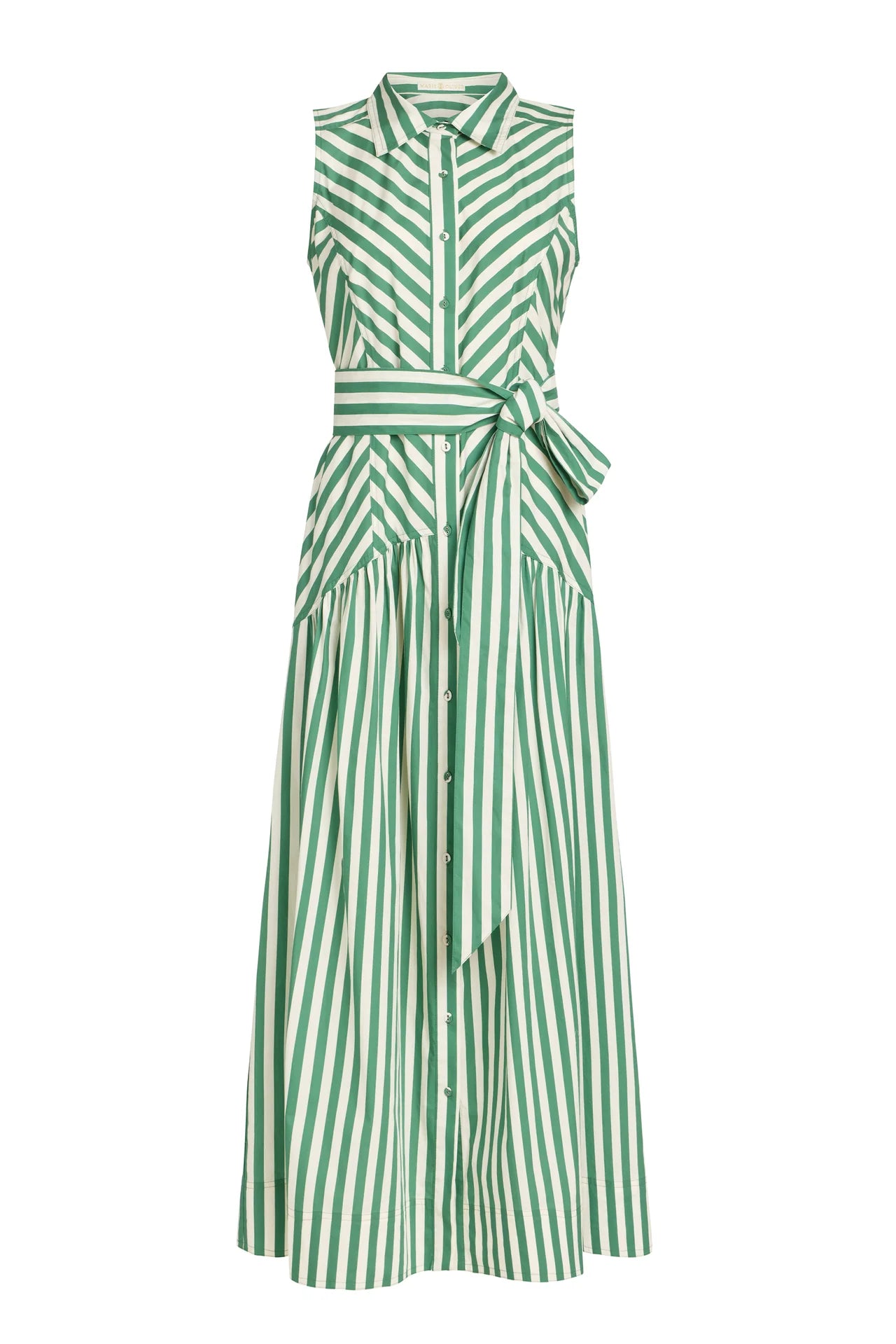 Green and white striped dress with a belt on a white background