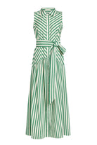 Green and white striped dress with a belt on a white background
