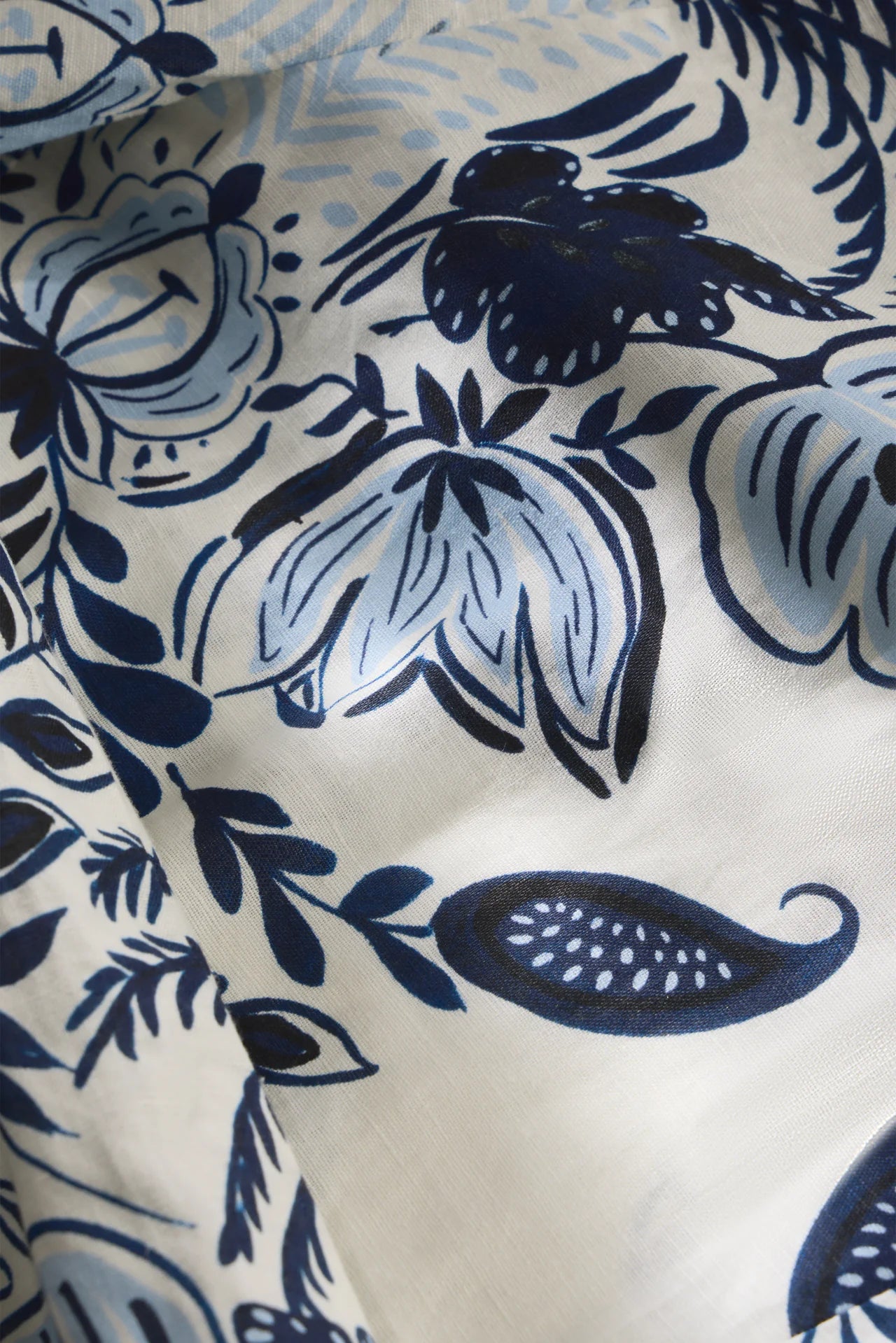Close-up of blue floral pattern on white fabric