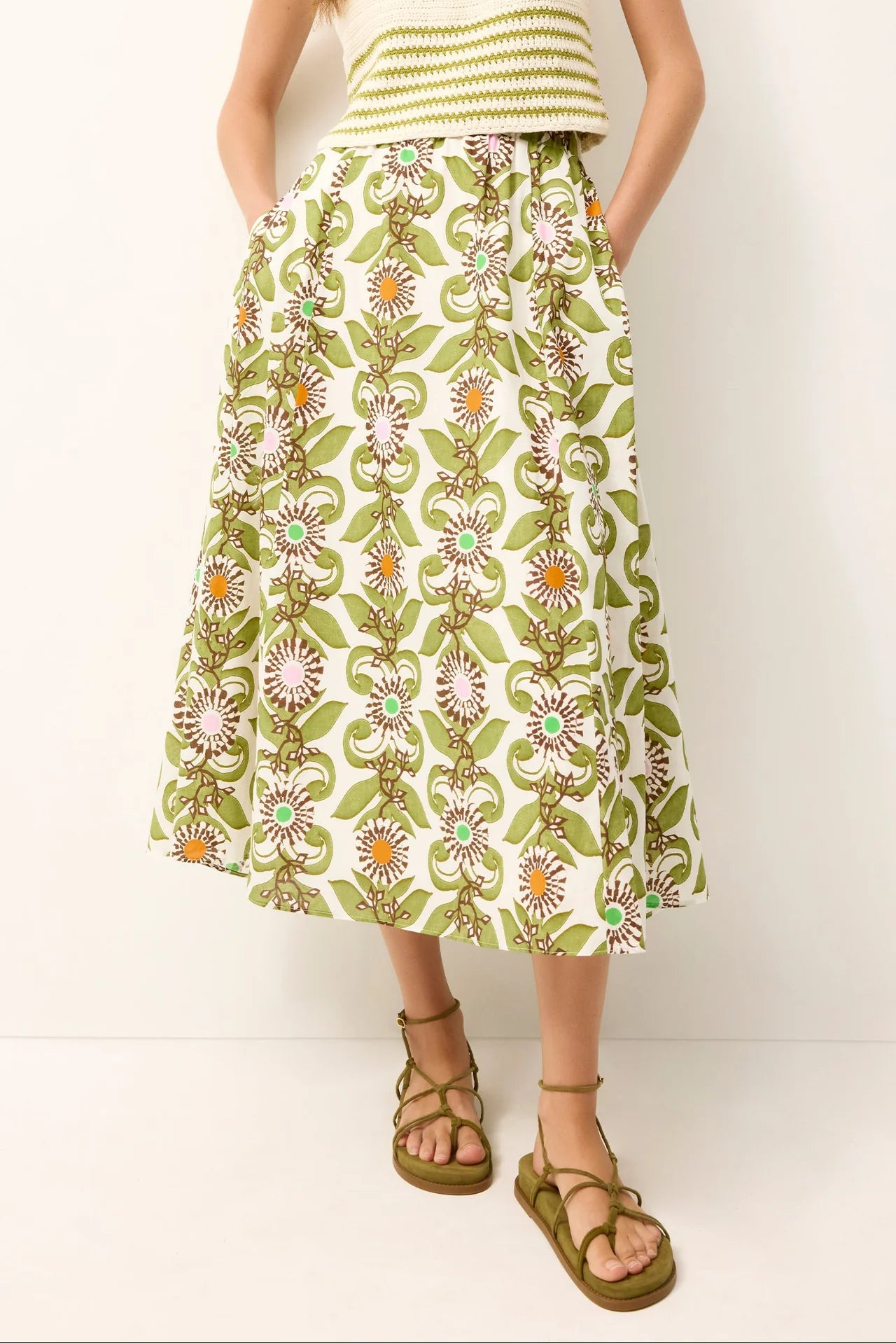 Person wearing a green floral skirt on a white background
