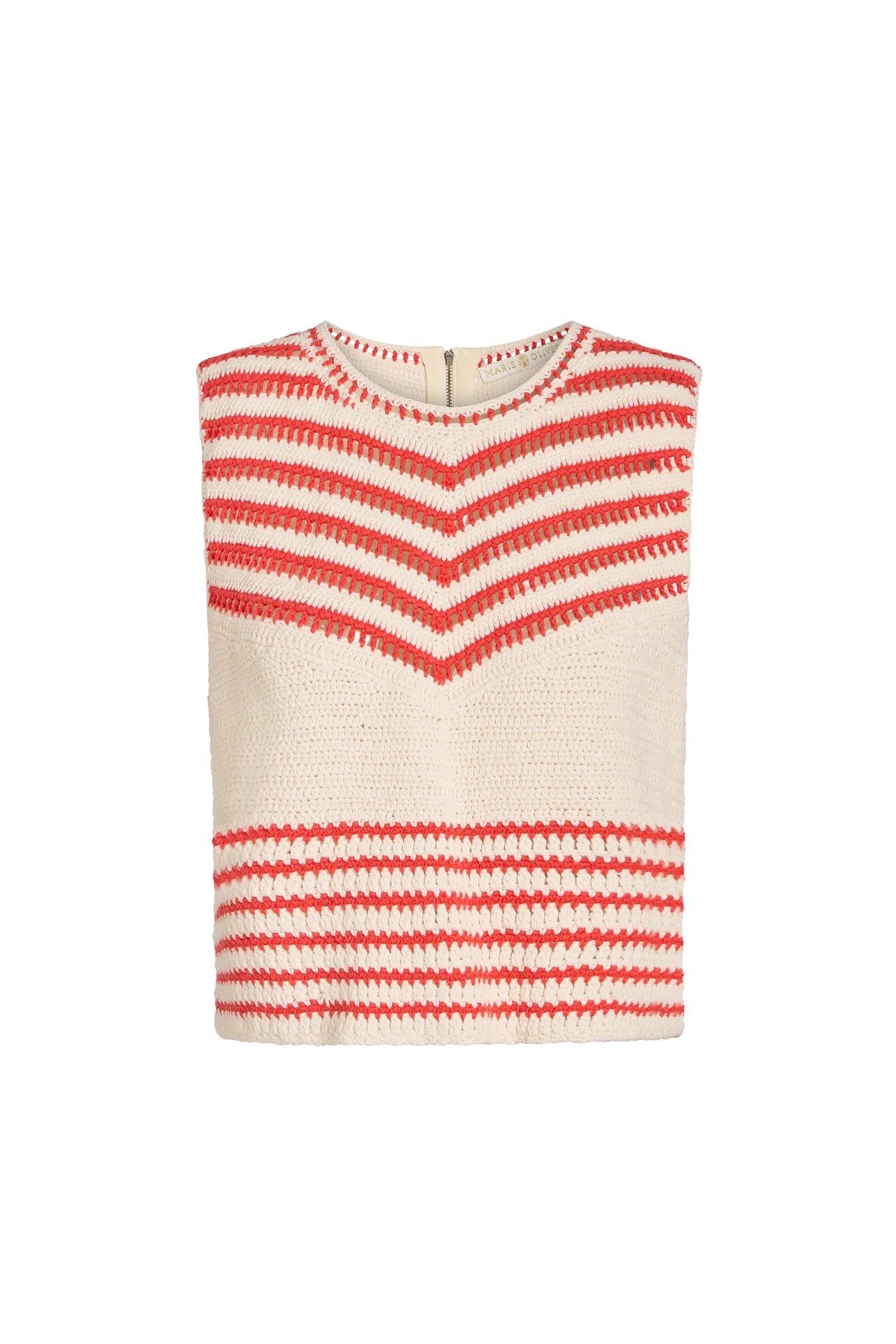 Red and white striped sleeveless top on a white background