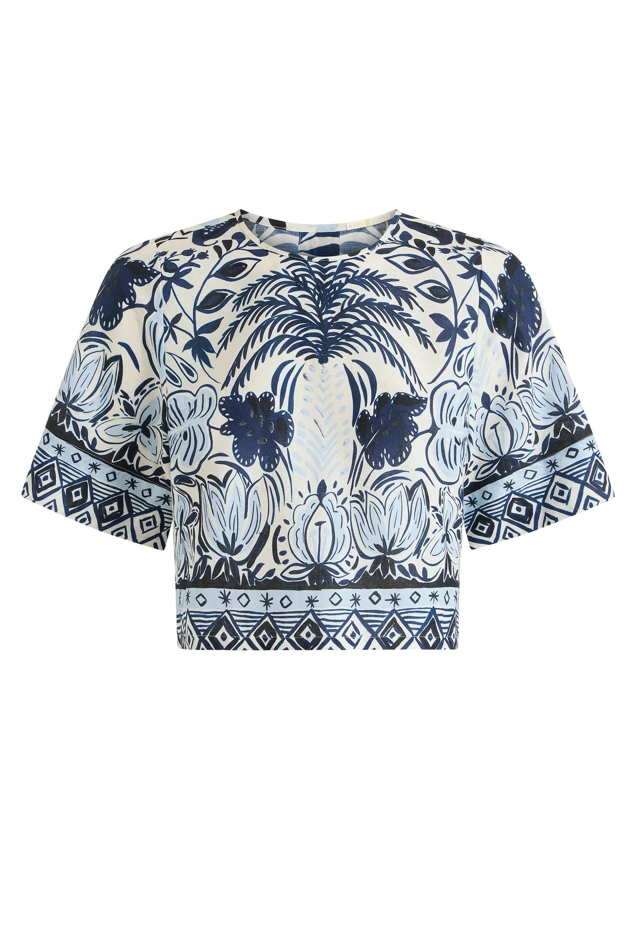 Crop top with a blue and white floral pattern on a white background