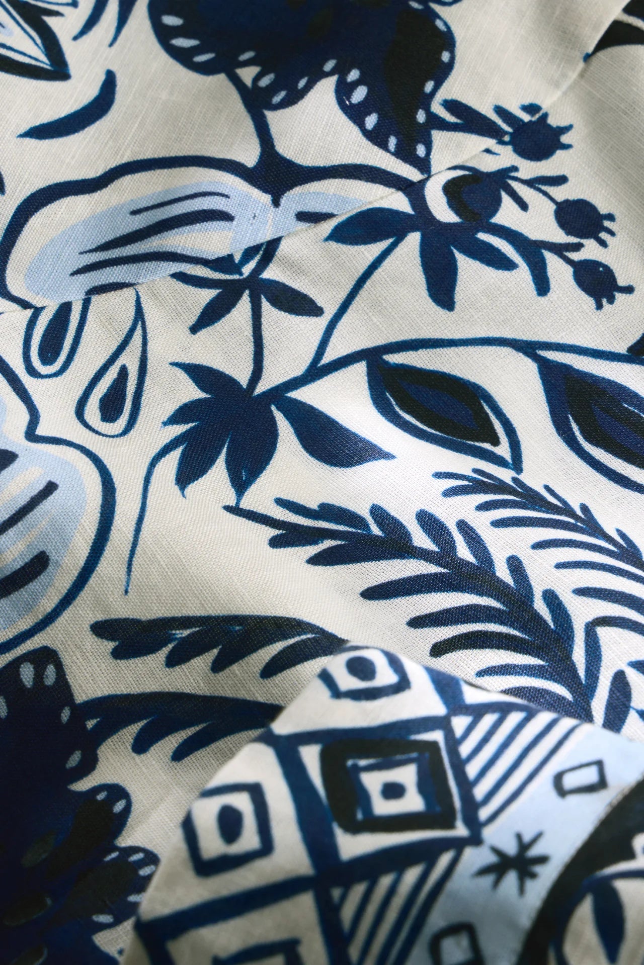Close-up of a fabric with blue floral and geometric patterns on a white background