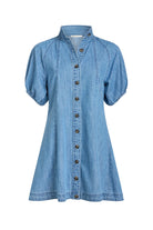 A light blue denim short-sleeve shirt dress with a button-down front and a pointed collar, shown against a plain white background.