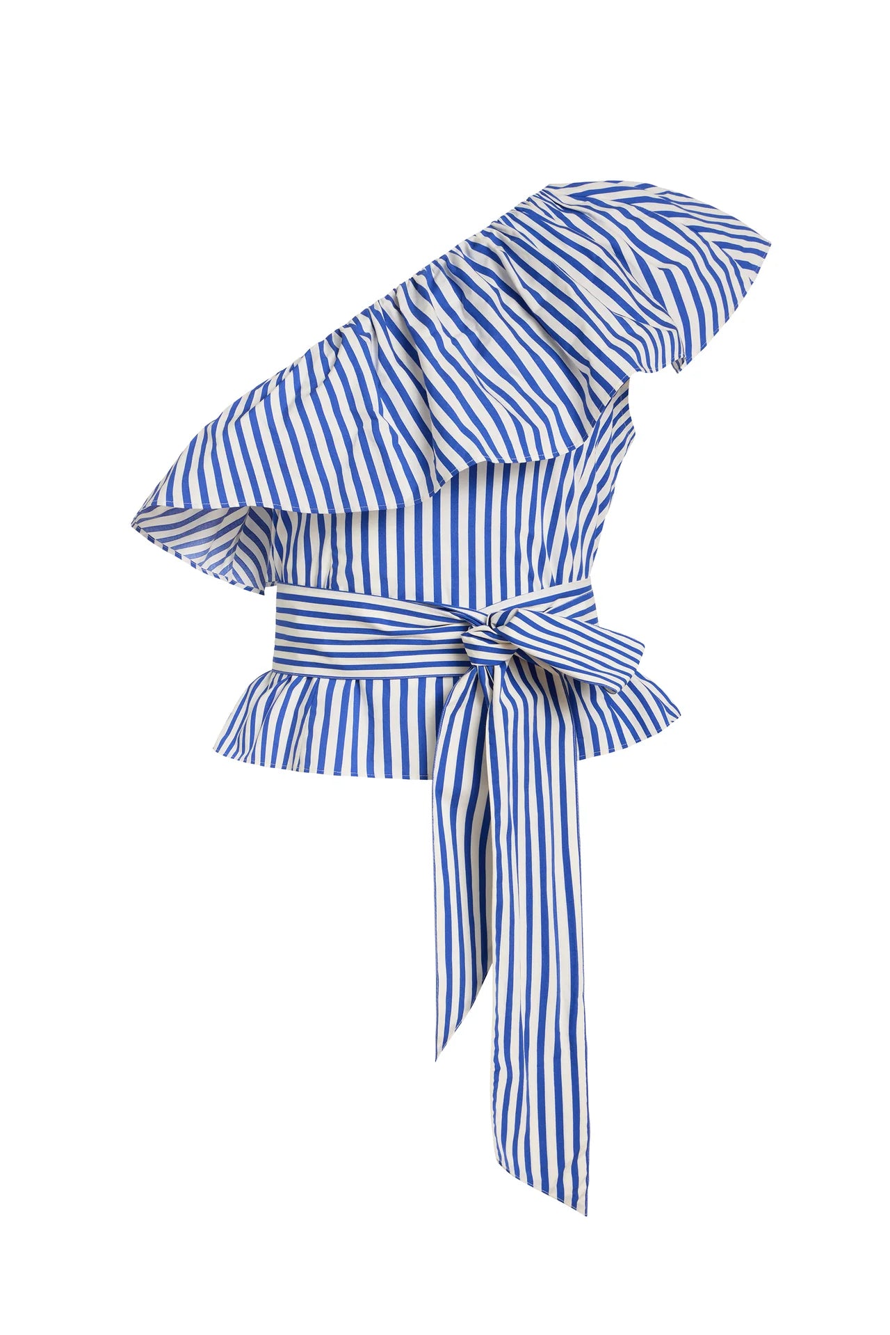 Blue and white striped dress with hood on a white background