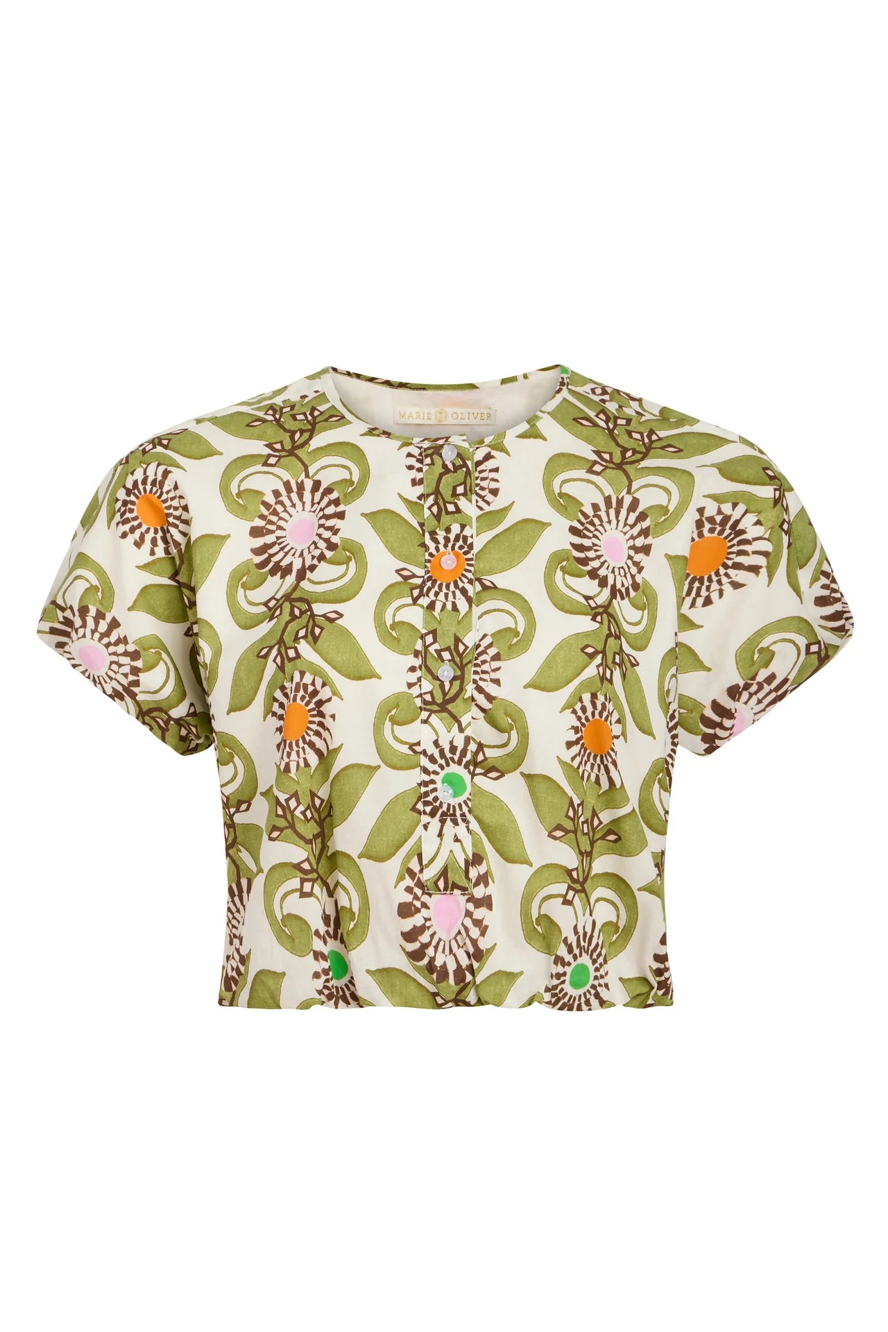 Short-sleeve shirt with floral pattern on a white background