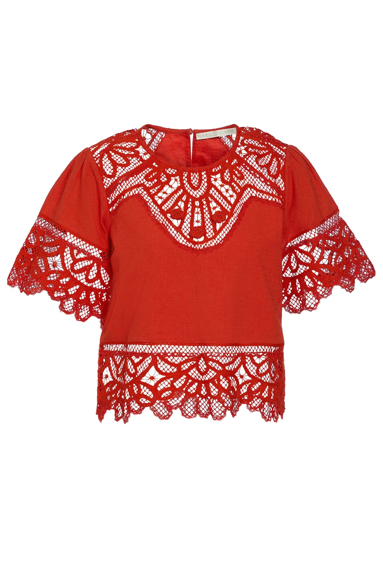 Red blouse with white lace details on a white background