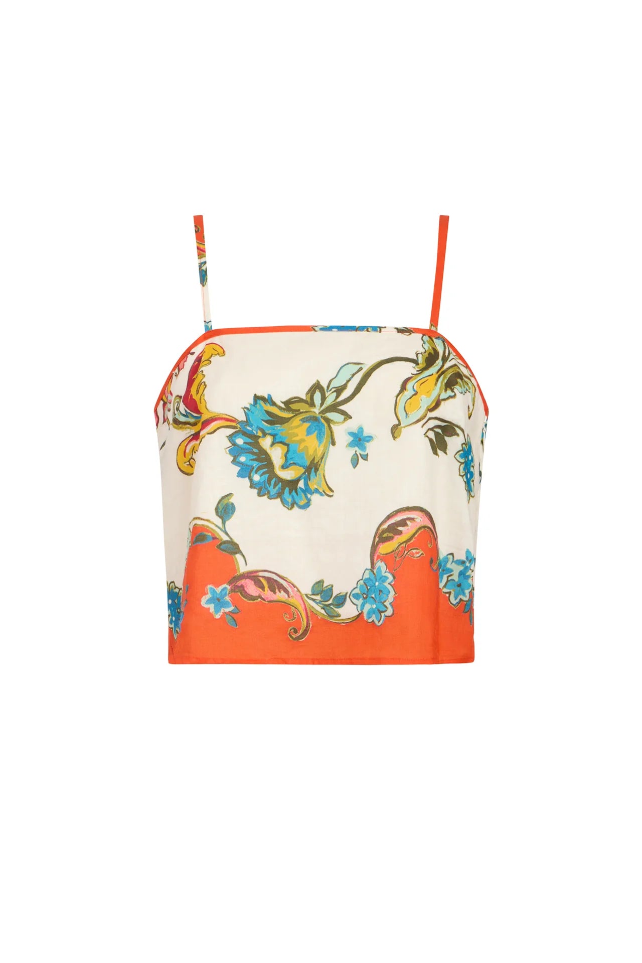 Floral patterned bag with orange accents on a white background